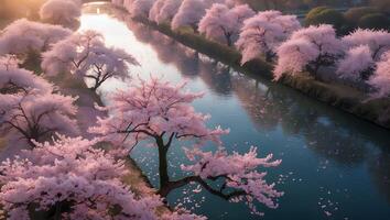 Cherry Blossom Blooming Along River with Petals photo