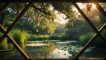 Pond Landscape with Lilies and Trees Seen Through Window photo