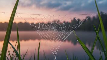Spider Web Covered with Dew in the Morning Light photo