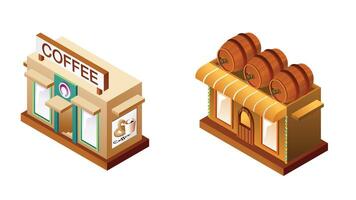Isometric game assets of a coffee shop and a beer shop, featuring detailed storefronts, seating areas, and decorative elements vector