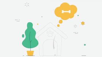 Outline illustration of a dog house with a bone sign, accompanied by a tree on the side, representing a cozy and welcoming space for a dog vector