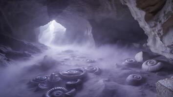 Ammonite Fossils in Cave with Fog photo