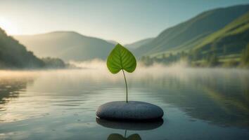 Green Leaf on Rock in Water, Calm Landscape photo