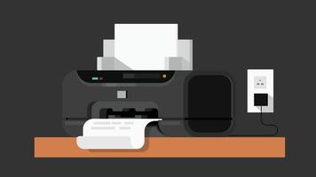 A printer device, actively printing a sheet of paper. The scene captures the process of printing in an office or home workspace environment vector