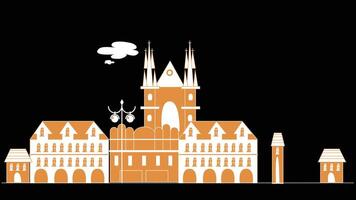 A stylized illustration of city buildings set against a black background. The buildings are designed with sleek lines and minimalistic features vector