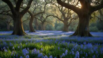 Bluebells in Forest with Tree, Sunrise Light photo
