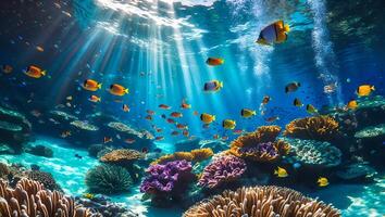 Fish Swimming Around the Coral Reef Underwater with Sunlight photo