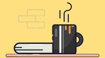 A coffee cup placed next to a book on a table, arranged flat, creating a cozy and inviting atmosphere for reading and enjoying a hot drink vector