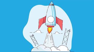 Cartoon illustration of a blue and red rocket launching with orange flames, surrounded by stylized clouds and launch towers against a bright blue background. vector