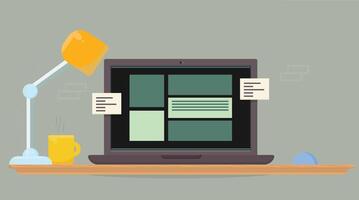 A design illustration of an open laptop displaying a applications window, showcasing modern computing features vector