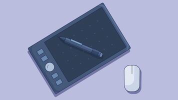 Top view flat illustration of a digital painting tablet with a pen and mouse, designed for creative work and graphic design vector