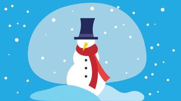 A cheerful snowman stands on an icy ground as snowflakes gently fall around, capturing the magic and serenity of a snowy winter day in a festive and peaceful scene vector