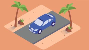 An isometric view of a car driving down a street, with a clean urban backdrop, capturing the motion and dynamic feel of city life vector