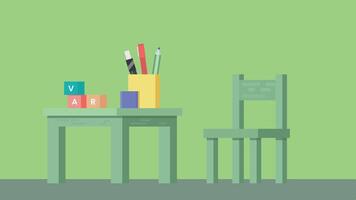 A school chair and table setup with essential school supplies. The desk features a comfortable chair, notebooks, pencils, and a backpack vector