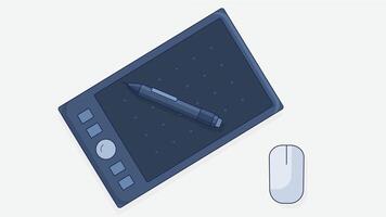 Top view flat illustration of a digital painting tablet with a pen and mouse, designed for creative work vector