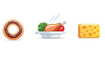 Collection of various food design elements including fruits, vegetables, snacks, and meals arranged in a colorful and playful layout vector