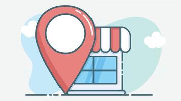 Illustration of a shop or store with a red location mark placed on a street, symbolizing navigation, business presence vector