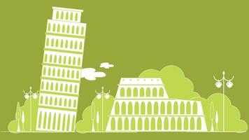 A stylized illustration showcasing iconic Roman architecture landmarks in Italy, including ancient ruins, classical columns, and arches vector
