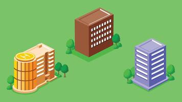 Isometric illustration of city buildings designed as game assets, featuring various architectural styles, streets, and urban elements arranged in an isometric perspective 05 vector