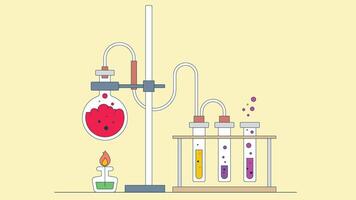 Illustration of a chemistry lab setup featuring connected glass bottles, flasks, and various chemical tools, showcasing a scientific environment used for experiments and research vector