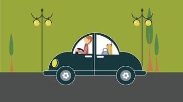 A cartoon-style illustration of a driver steering a car down a street. The scene captures the fun and playful essence of driving in a stylized and colorful way vector