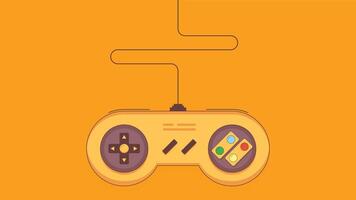 Illustration of a retro gaming controller with directional pad on the left, colored action buttons on the right, and central menu buttons, connected by a cable against an orange background. vector