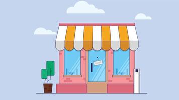 Colorful illustration of a small shop store front with an overhead shade and a small tree beside it, set against a blue sky background vector