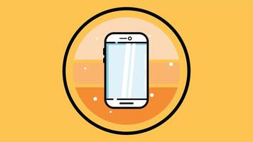 Illustration of a smartphone with a light blue screen in a circular orange and yellow gradient badge against a yellow background. The minimalist design represents mobile technology or app concepts. vector
