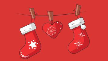 A festive scene featuring Christmas socks hanging with a heart-shaped sign. The colorful socks are decorated with holiday patterns, symbolizing warmth, joy, and holiday cheer vector