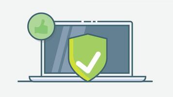 Stylized illustration of a laptop with a cyber security shield displayed on screen, symbolizing protection, data encryption, and digital safety vector