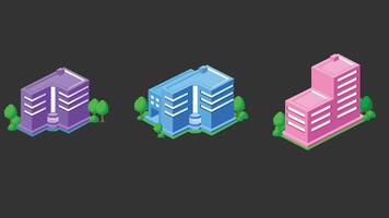 Isometric illustration of city buildings designed as game assets, featuring various architectural styles, streets, and urban elements arranged in an isometric perspective 02 vector