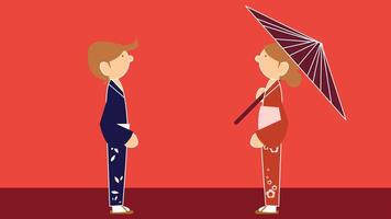 A stylized illustration of two Chinese people engaged in a respectful conversation, exchanging greetings. They are depicted in traditional clothing vector