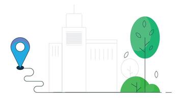 Outline-style illustration of a city background featuring land with streetlights and autumn trees vector