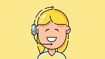 illustration of a smiling blonde woman wearing headphones with a microphone, likely representing a customer service representative or call center agent against a yellow background. vector