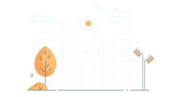 Outline-style illustration of a city background featuring land with streetlights and autumn trees. The scene captures an urban landscape vector