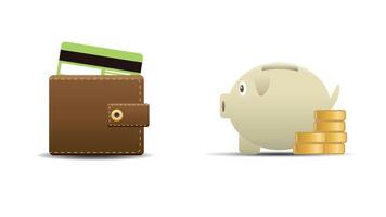 illustration featuring a wallet with money inside and a piggy bank surrounded by coins vector
