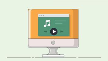 A digital illustration of a music player interface displayed on a computer screen, showcasing music controls and a playlist vector