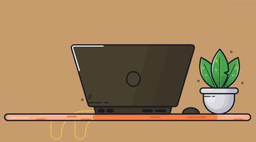 illustration of an office desk setup with a laptop, and a side plant, creating a clean, modern workspace ideal for productivity vector