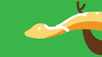 Illustration of a yellow snake with a white stripe slithering on a brown tree branch against a bright green background. The minimalist design shows the snake's head in profile with a simple white eye. vector