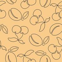 Seamless pattern with continuous one line drawing cherry and plum. Hand drawn berries for fabric, packaging paper and more. vector