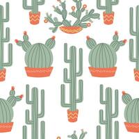 Seamless pattern with cactus in a pot, flowers. Colorful design for fabric, gift paper, posters. vector