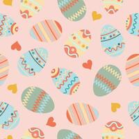 Happy easter. Seamless pattern with easter eggs, hearts on pink background. vector