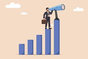 A determined businessman with a briefcase stands on rising graph bars, using a large telescope to focus on a distant target. vector