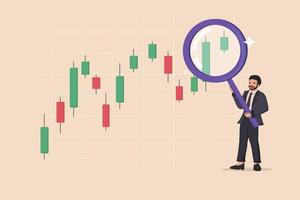 Businessman with Magnifying Glass Analyzing Bullish Candlestick Chart for Financial Growth Insights. vector
