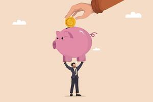 Piggy Bank Savings A Hand Placing a Gold Coin into a Pink Piggy Bank Held Up by a Businessman, Emphasizing Saving and Financial Growth. vector