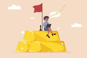 Businesswoman Analyzing Growth Strategy While Sitting on Gold Bars with Flag of Success. vector