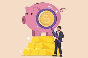 A Businessman Examining a Gold Coin with a Magnifying Glass Near a Piggy Bank and Gold Bars, Representing Financial Investigation and Savings. vector