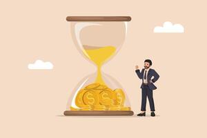 Time is Money Businessman Standing Beside an Hourglass Filled with Golden Coins, Emphasizing the Importance of Time Management in Finance and Investment. vector