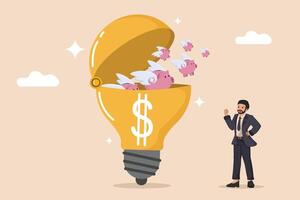 Innovative Financial Growth Flying Piggy Banks Emerging from a Bright Idea Lightbulb Representing Creative Savings Solutions. vector