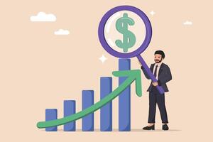 Businessman Analyzing Growing Financial Chart with Dollar Symbol and Magnifying Glass. vector